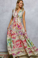 V-neck Smocked Waist Ruffle Floral Maxi Dress