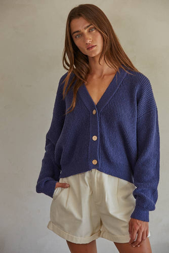 Blue v-neck cotton button down sweater shop women’s fond du lac boutique
