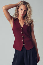 Load image into Gallery viewer, Gold buttoned burgundy vest v-neck pointed hem shop fond du lac women’s boutique 
