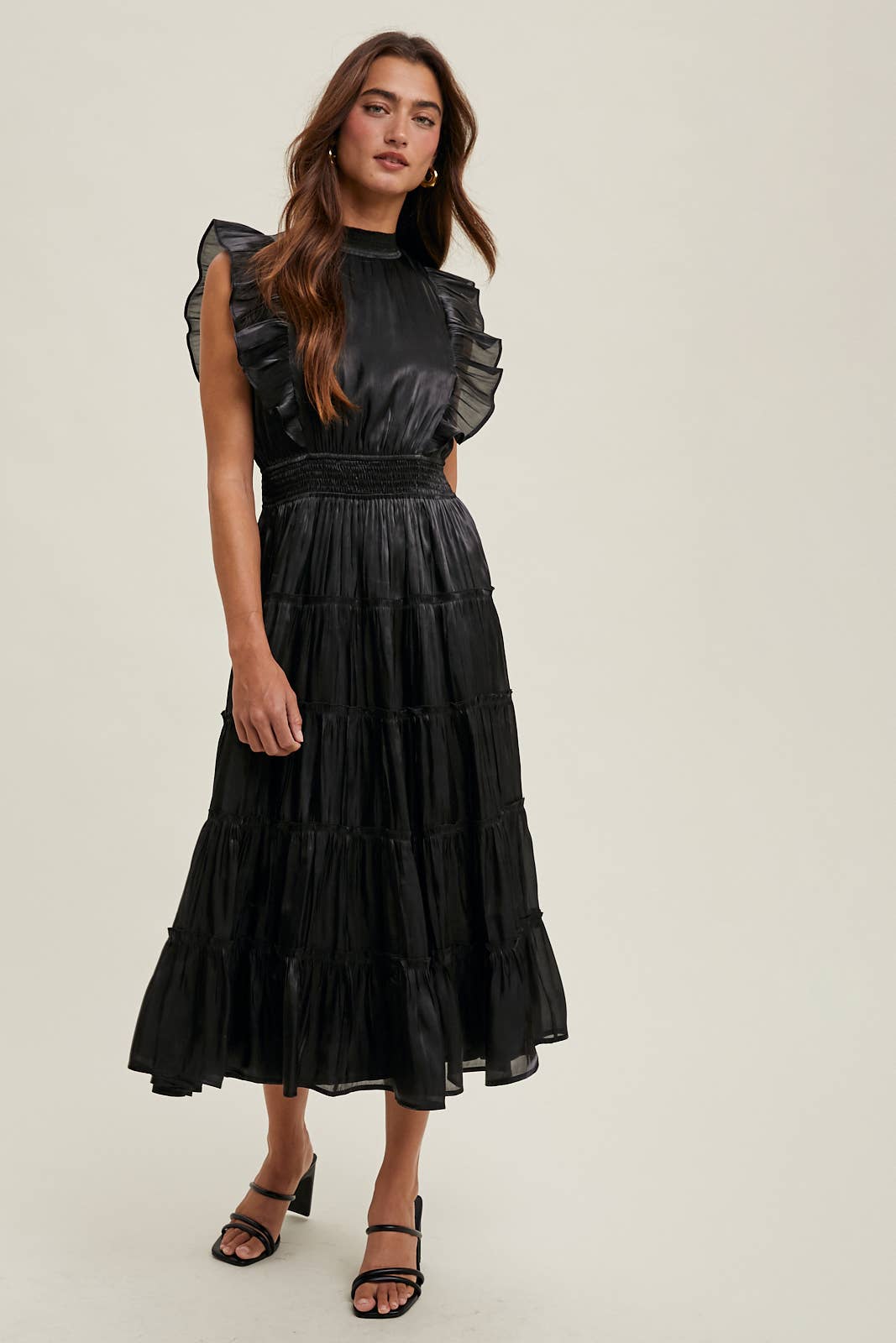 midi dress organza Organza Tiered Midi Dress With Ruffle Detail Black / M