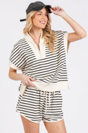 Half Zip Up Striped Top And Short Set