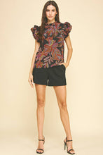 Load image into Gallery viewer, Short sleeve ruffled button closure mock neck leaf print shop women’s boutique fond du lac
