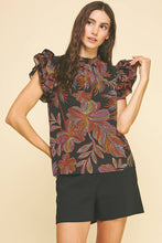 Load image into Gallery viewer, Blouse mock neck ruffled leaf print shop women’s boutique fond du lac

