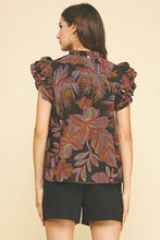 Load image into Gallery viewer, Leaf print mock neck ruffled short sleeve blouse shop women’s boutique fond du lac
